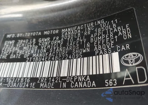 2011 Toyota Corolla Le from USA, damaged, VIN 2T1BU4EE4BC724095